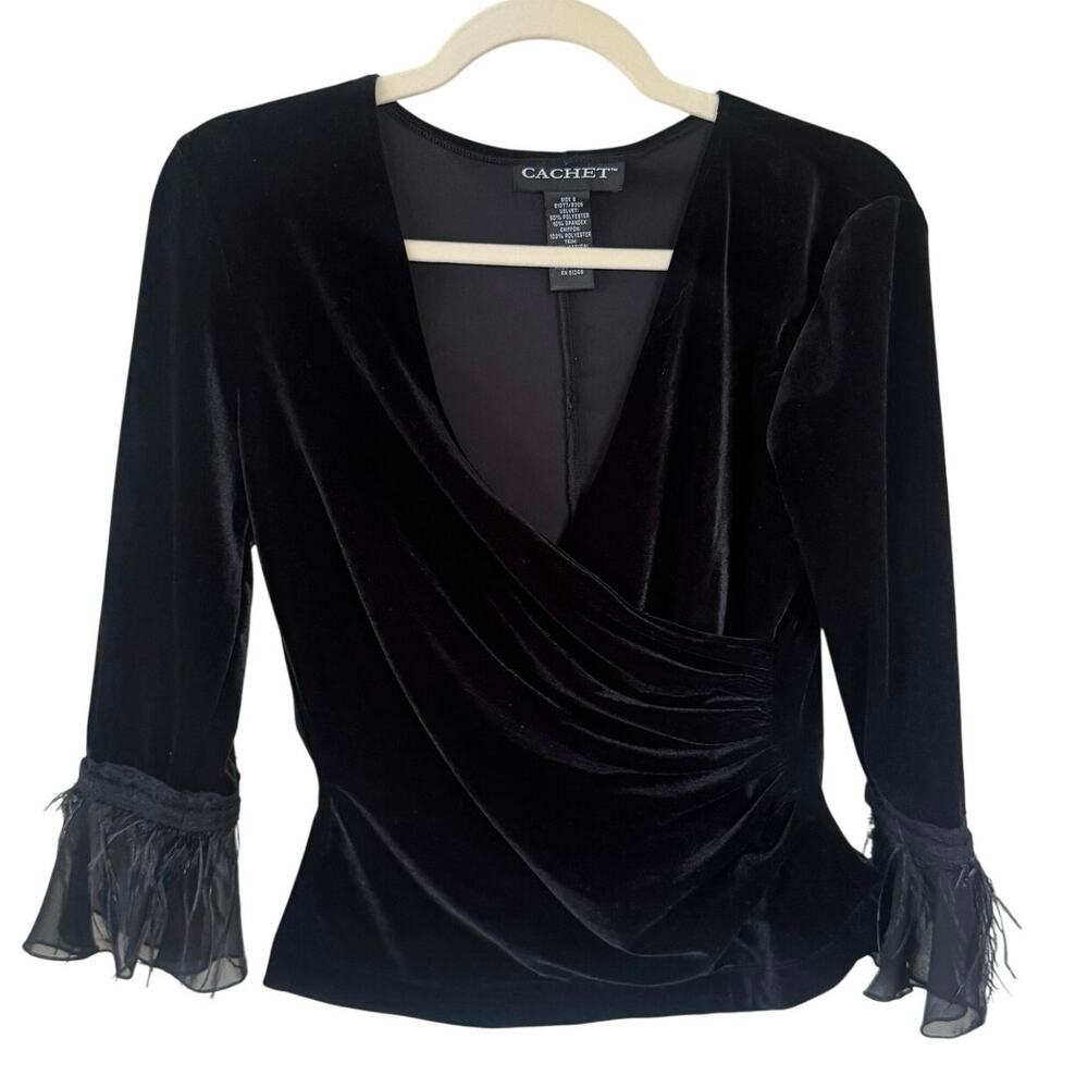 Cachet Black Velvet Wrap Blouse with Sheer Feather Cuffs